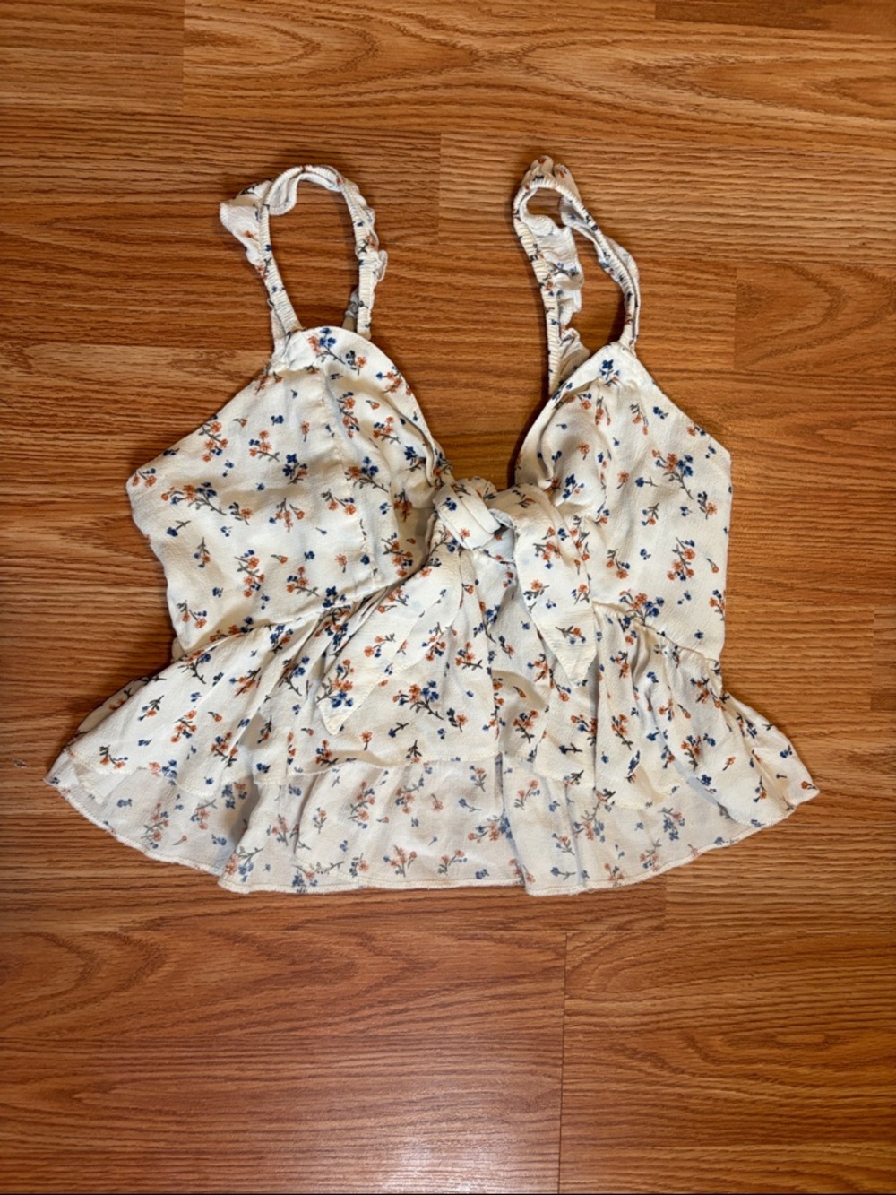 American Eagle Floral Tie-Front Cream Ruffle Tank Top